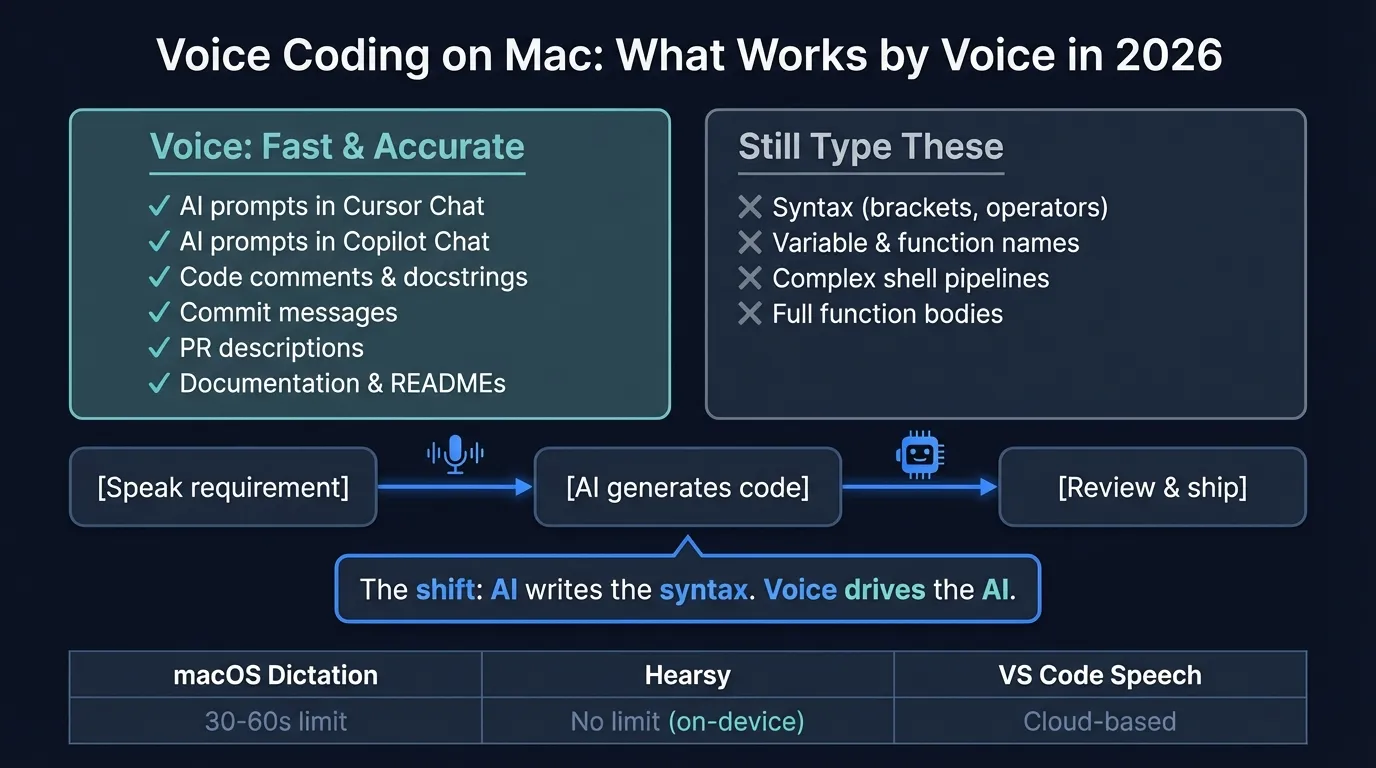 Voice coding on Mac workflow — showing voice input driving AI prompts in Cursor and VS Code, with comparison of what tasks work by voice versus keyboard